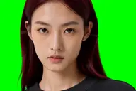 The same woman composited onto a flat bright green background, ready for a chroma key