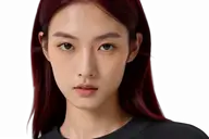 A woman with dark red hair, cut out of her background, shown over a checkerboard to mark the transparent area