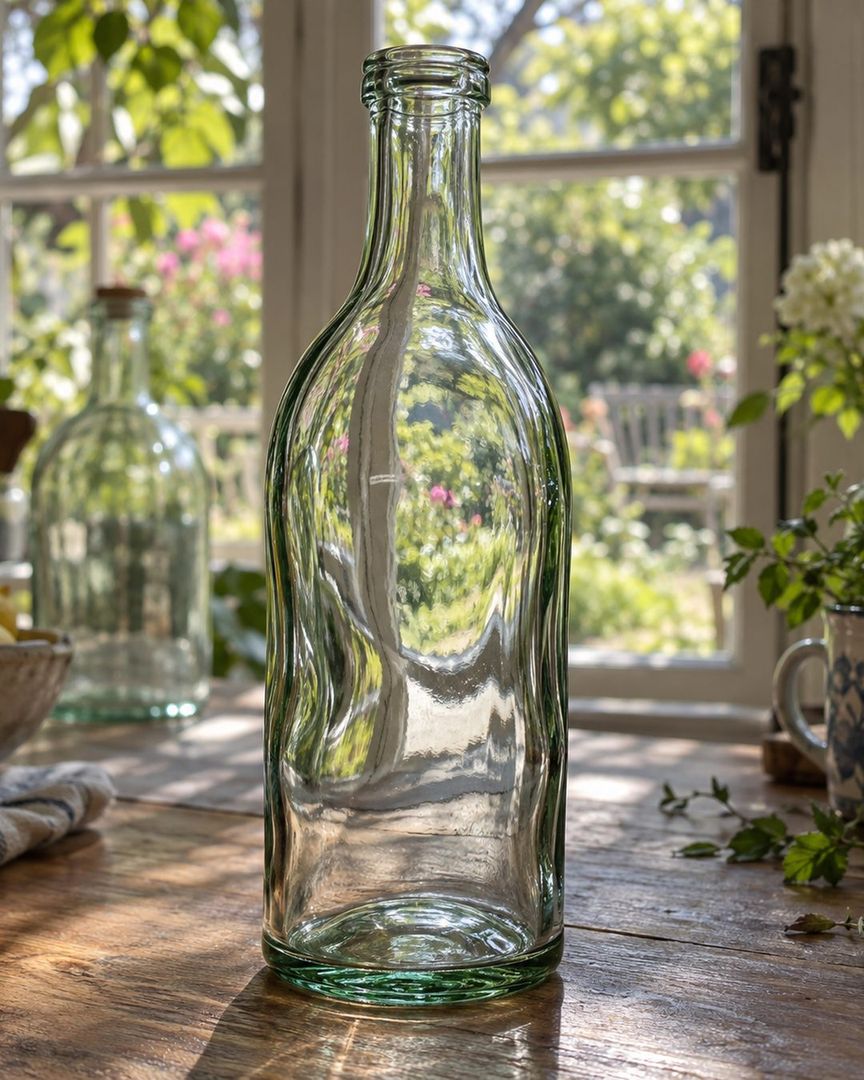 Original still: a clear glass bottle on a wooden table with a sunlit garden visible through it
