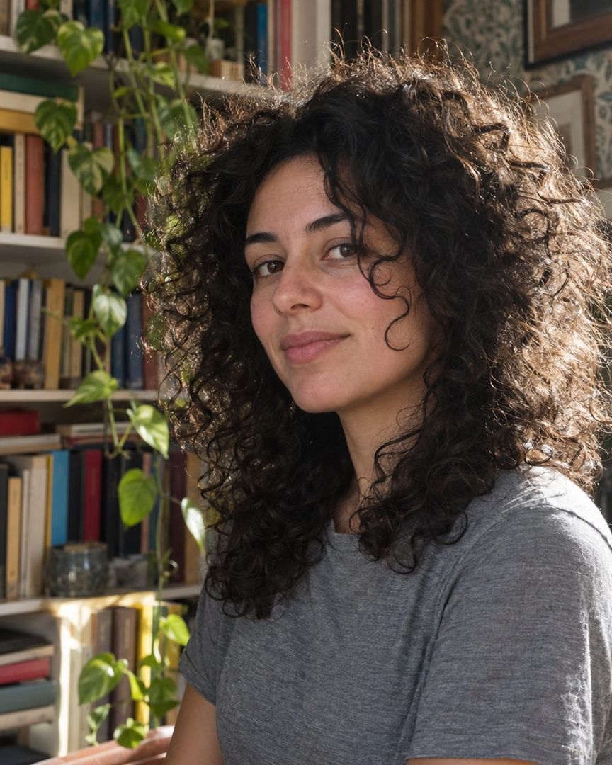 Original still: a person with curly flyaway hair, backlit in front of a crammed bookshelf and a trailing plant