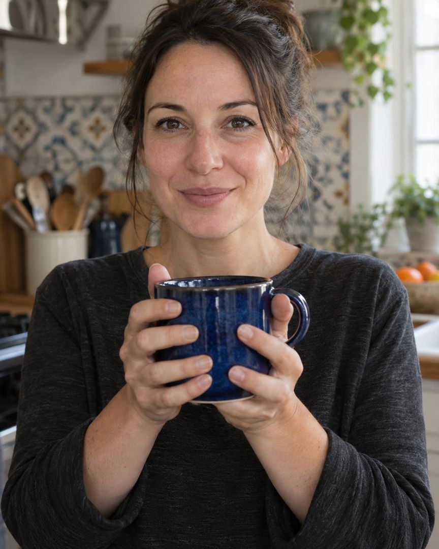 Original still: someone holding a blue ceramic mug out towards the camera in both hands, in a busy kitchen