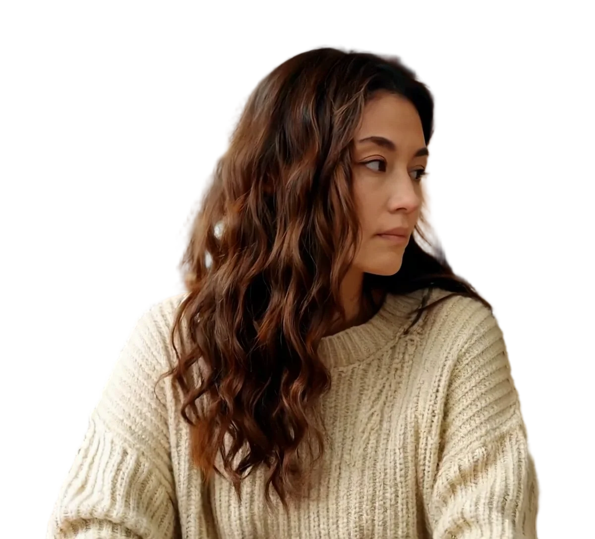 The same frame with the room removed, the hair outline kept, over a checkerboard