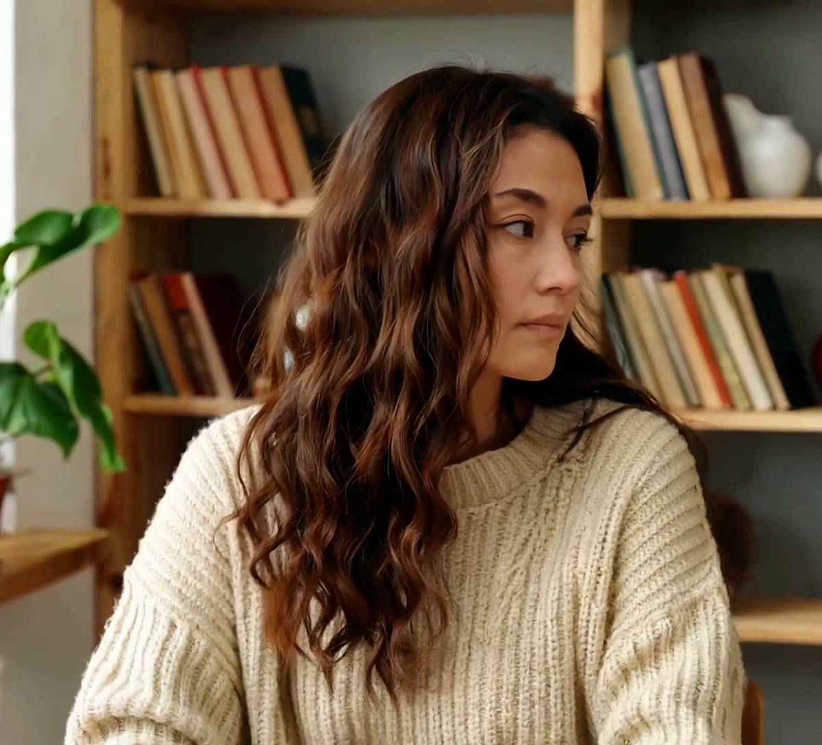 Original frame: a woman with long wavy hair in front of a bookshelf