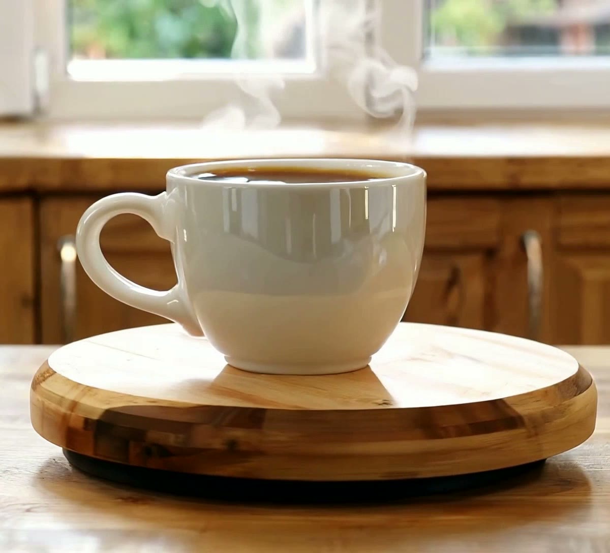 Original frame: a ceramic mug on a wooden turntable, steam rising from it