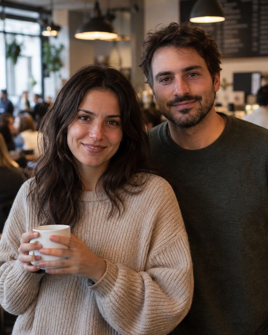 Original still: two people standing shoulder to shoulder, the one behind partly overlapping the other, in a busy cafe